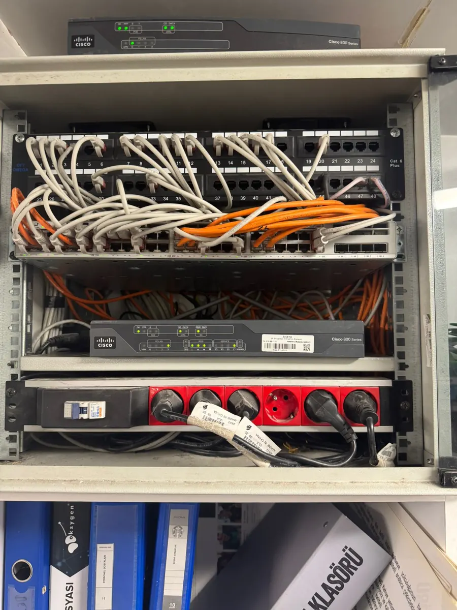 Rack kabinde fiber ve bakır patch kablolarının düzeni